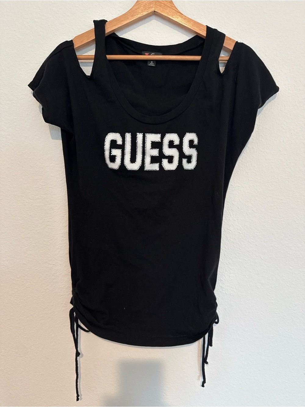 GUESS Black Cold-Shoulder Logo Tee with Side Ties